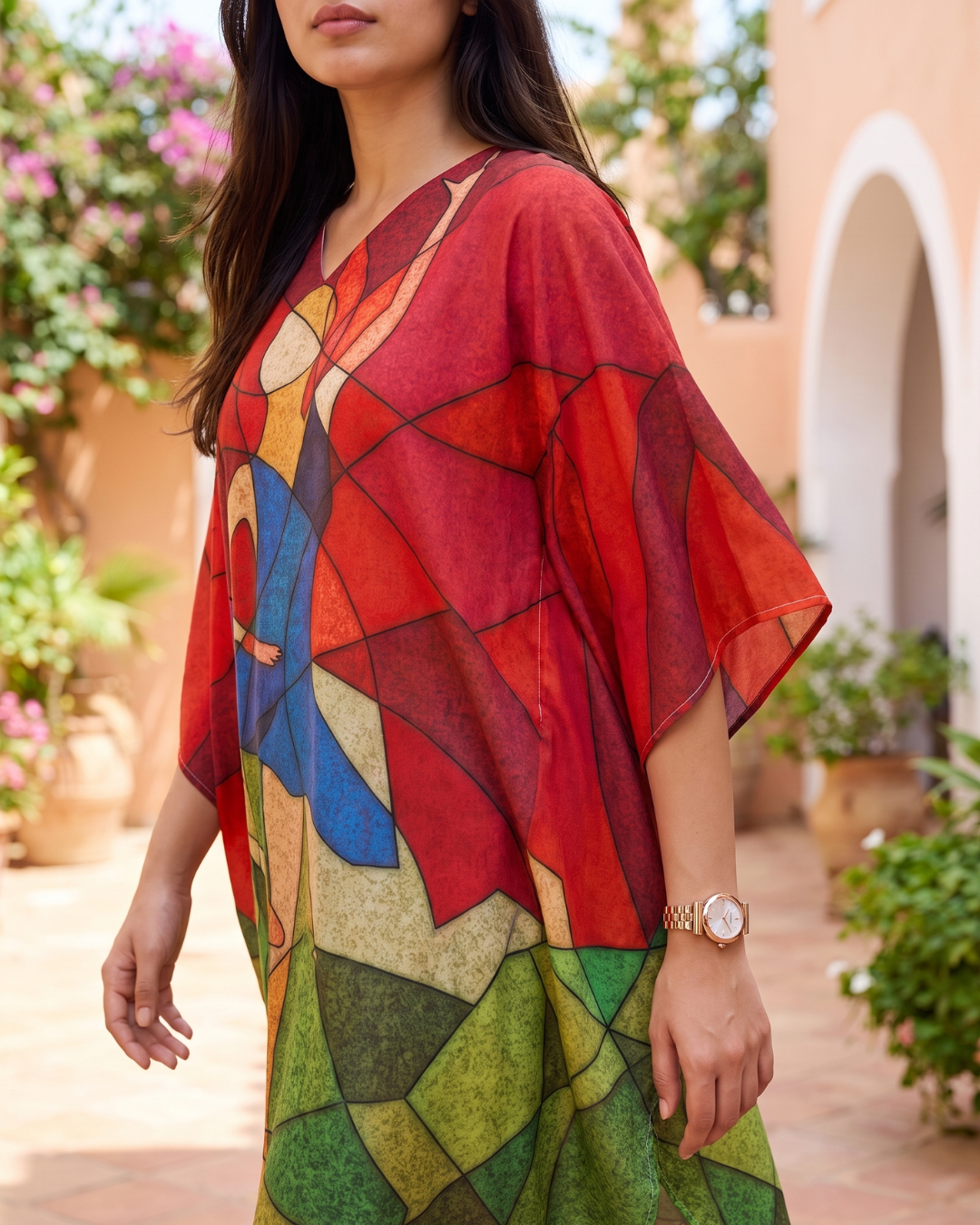Scarlet Twirl Muslin Cotton Short Women Kaftan Dress with Digital Print