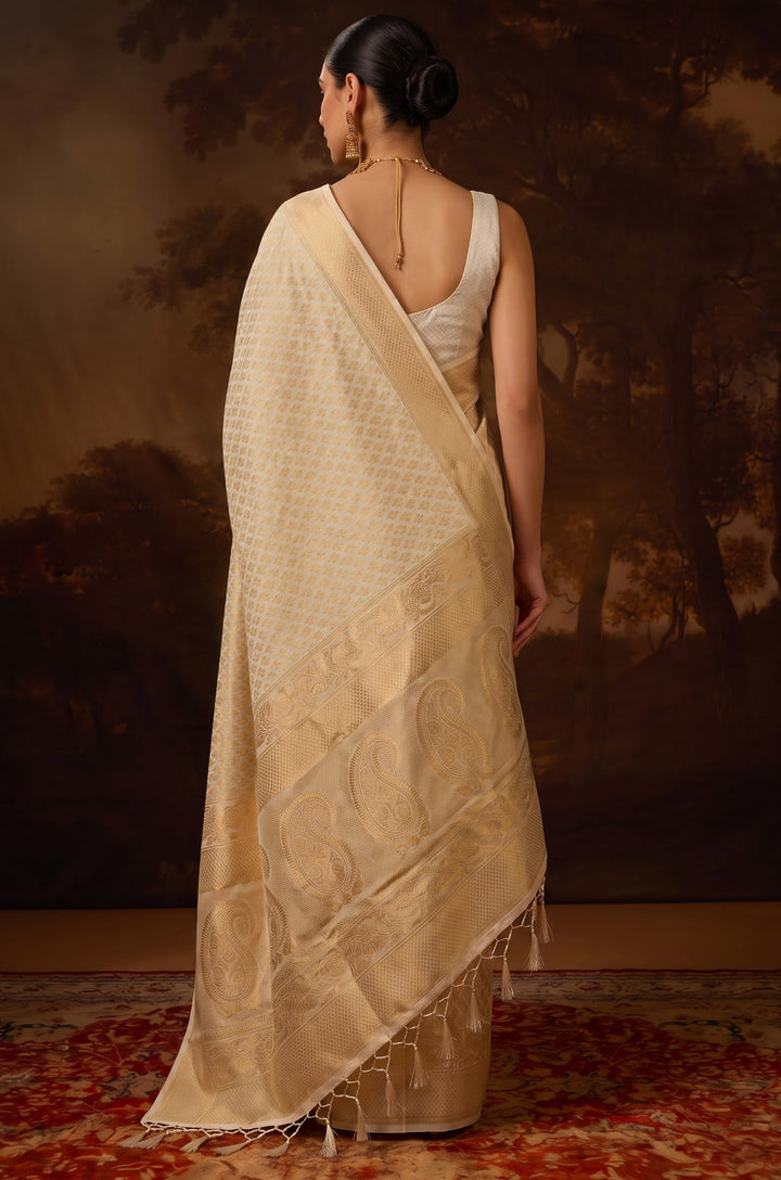 Cream Kanjivaram Woven Silk Saree | Vastra Collection