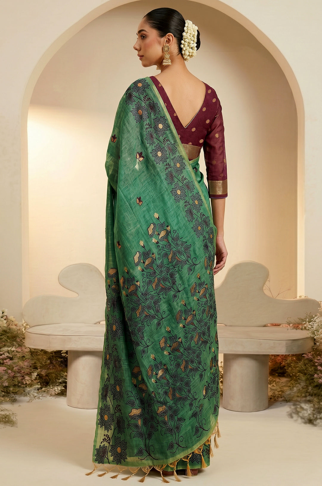 Green Woven Jamdhani Cotton Saree | Madhuban Collection