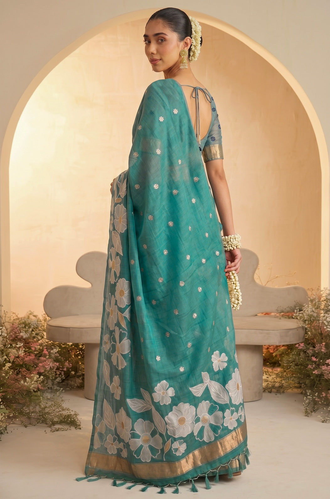 Aqua Blue Woven Jamdhani Cotton Saree | Madhuban Collection