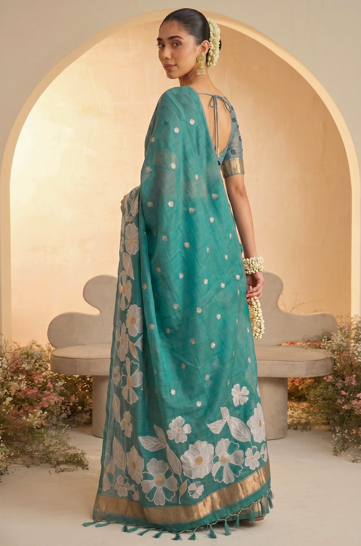 Aqua Blue Woven Jamdhani Cotton Saree | Madhuban Collection