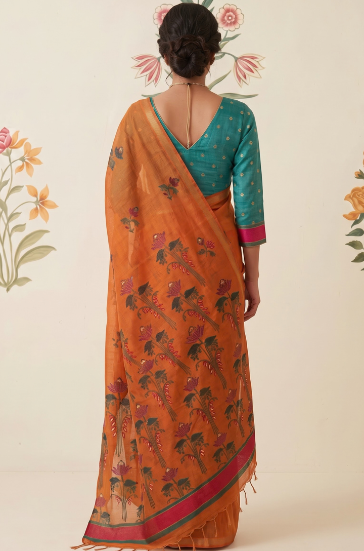 Tangerine Woven Jamdhani Cotton Saree | Braj Collection