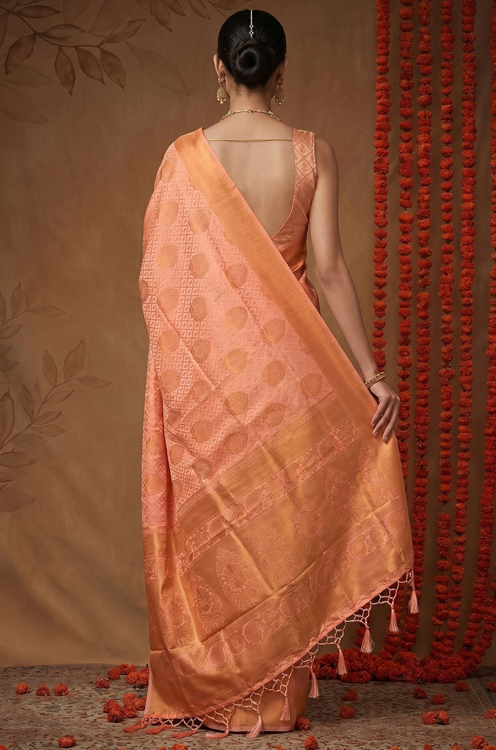 Peach Handloom Woven Silk Saree | Shagun Collection