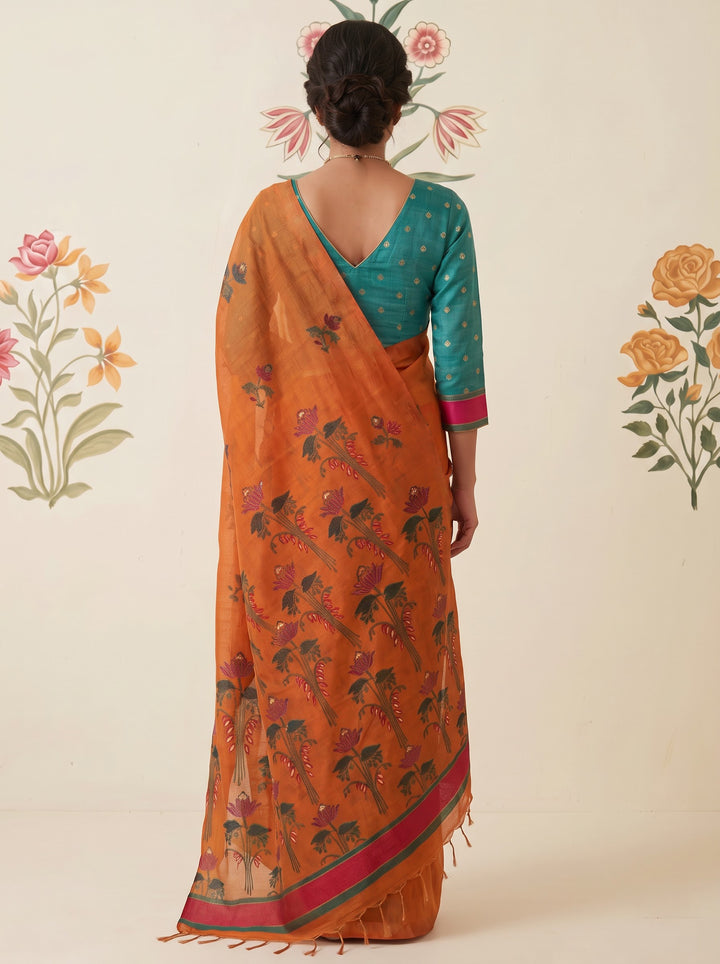Tangerine Woven Jamdhani Cotton Saree | Braj Collection