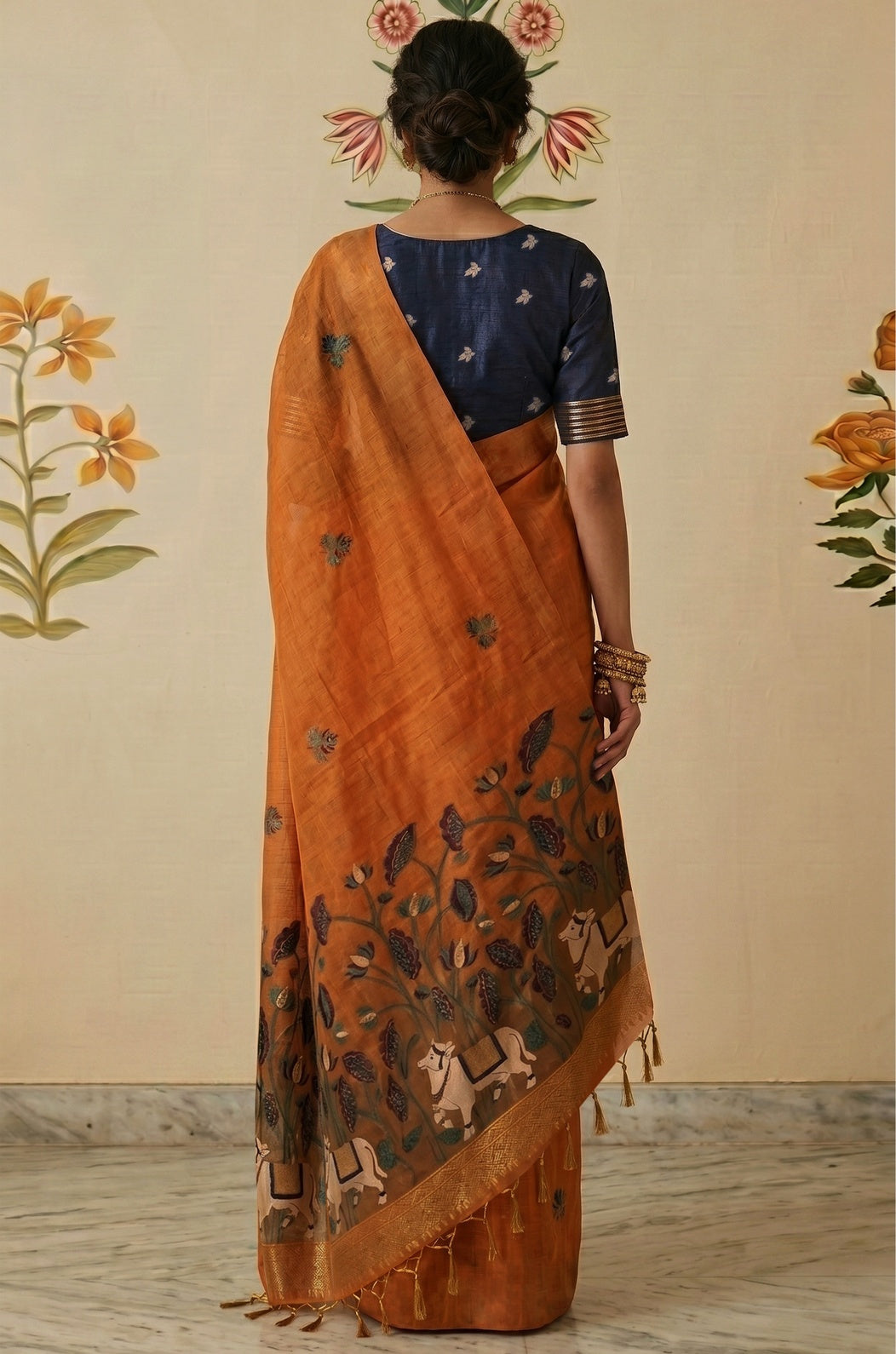 Orange Woven Jamdhani Cotton Saree | Braj Collection