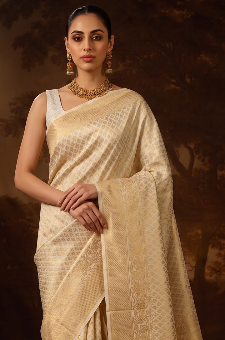 Cream Kanjivaram Woven Silk Saree | Vastra Collection