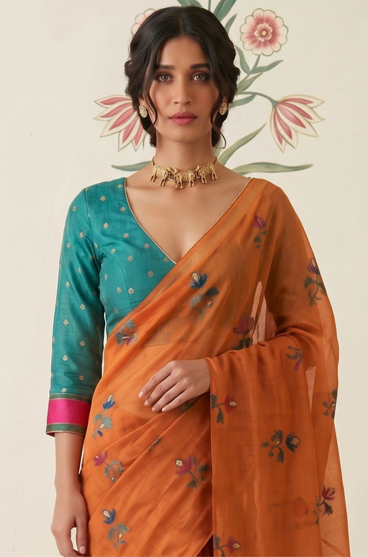 Tangerine Woven Jamdhani Cotton Saree | Braj Collection