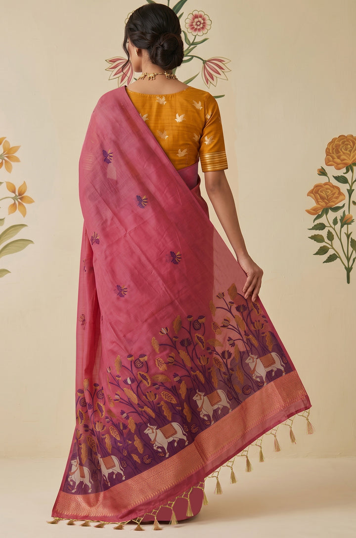 Pink Woven Jamdhani Cotton Saree | Braj Collection
