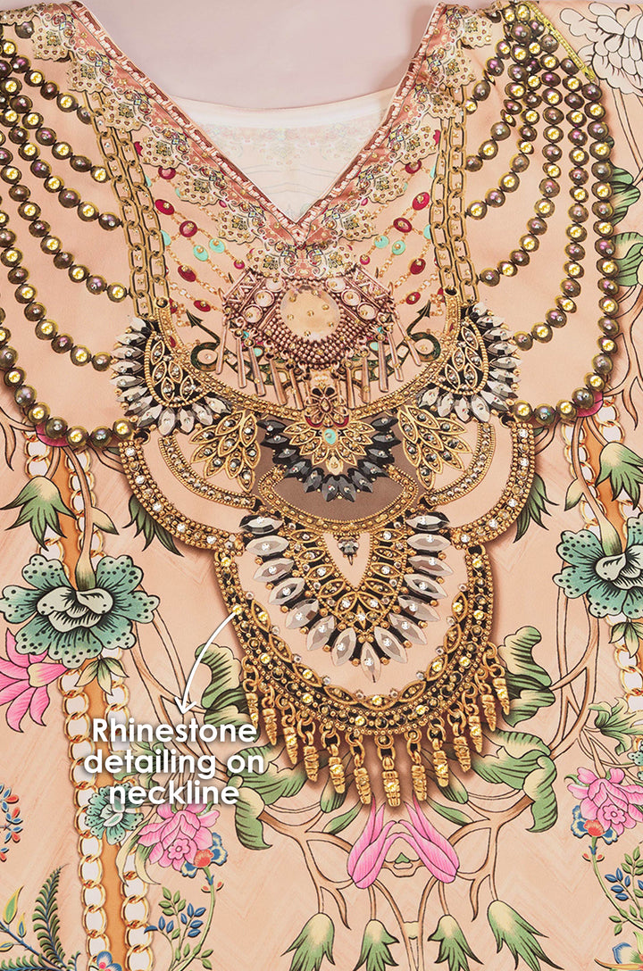 Caramel Bloom Soft Satin Kaftan with Rhinestones