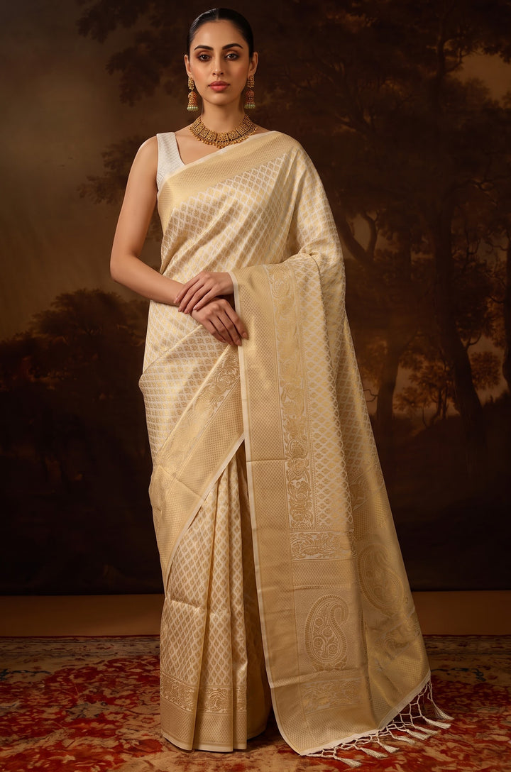 Cream Kanjivaram Woven Silk Saree | Vastra Collection