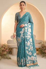 Aqua Blue Woven Jamdhani Cotton Saree | Madhuban Collection