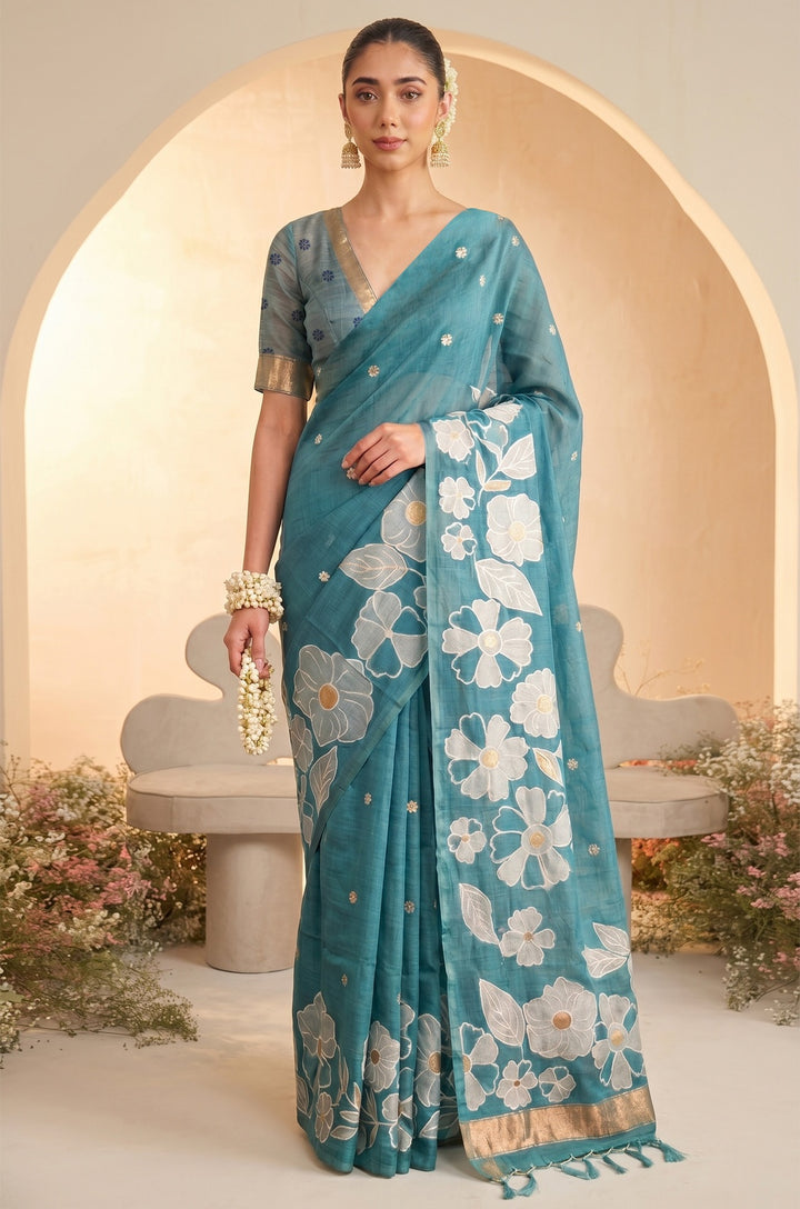 Aqua Blue Woven Jamdhani Cotton Saree | Madhuban Collection