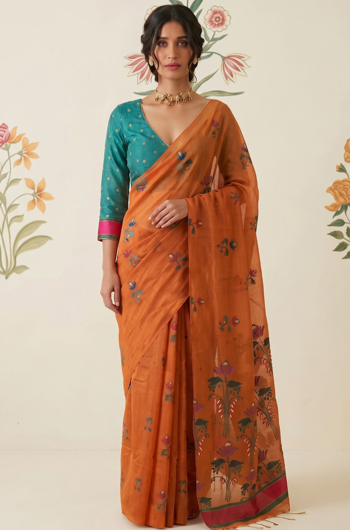 Tangerine Woven Jamdhani Cotton Saree | Braj Collection