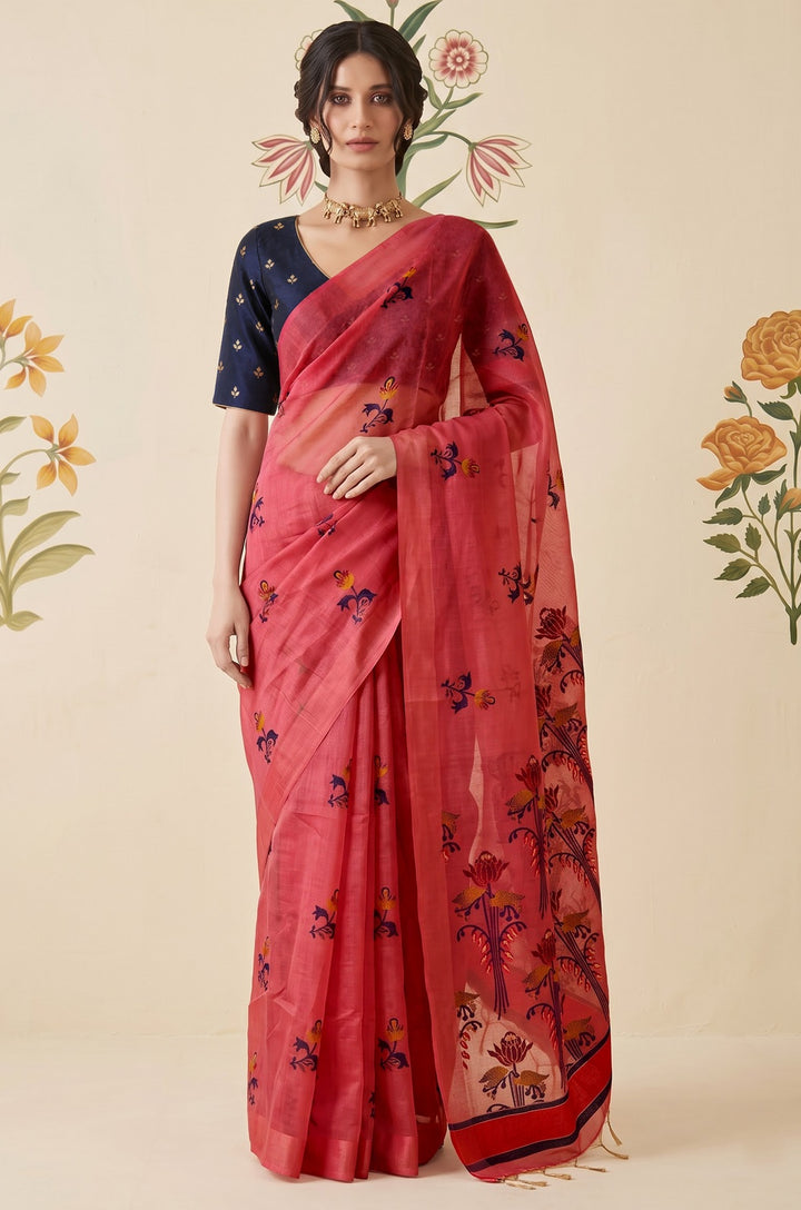 Blush Pink Woven Jamdhani Cotton Saree | Braj Collection