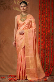Peach Handloom Woven Silk Saree | Shagun Collection