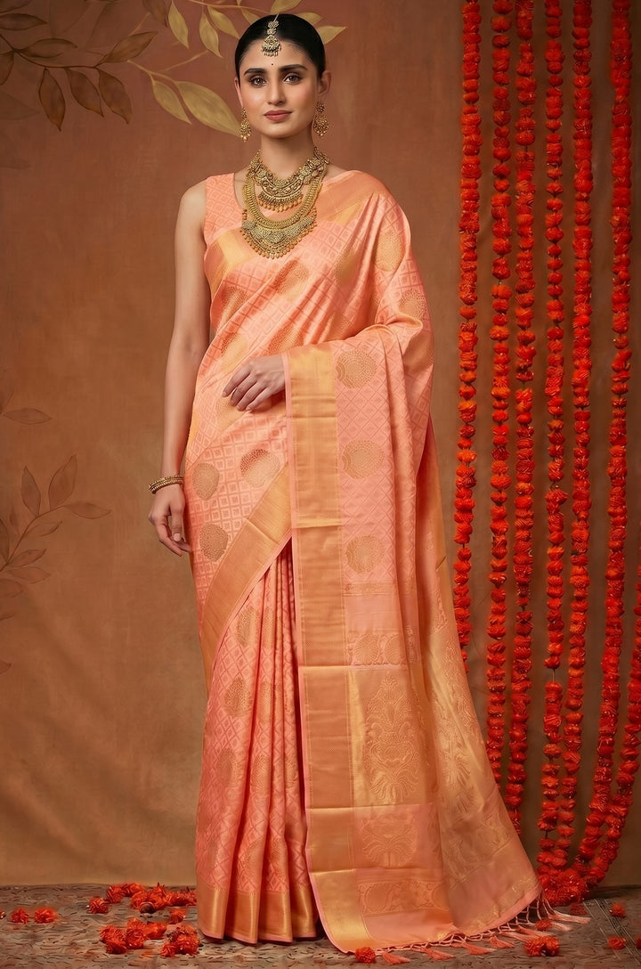 Peach Handloom Woven Silk Saree | Shagun Collection