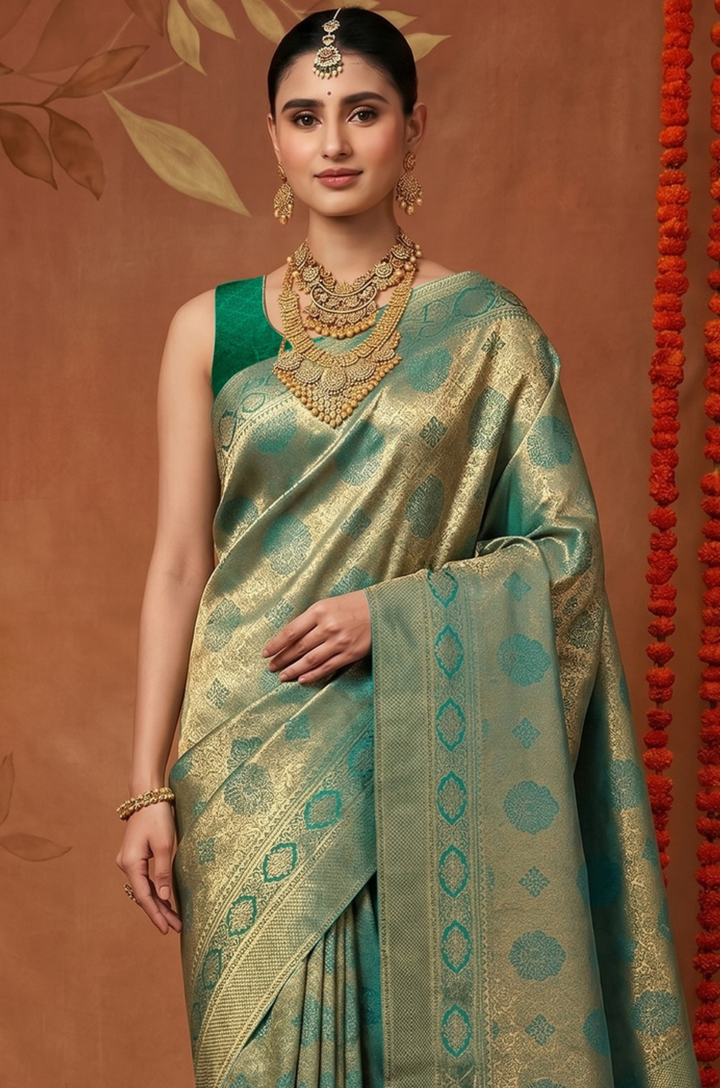 Emerald Green Handloom Woven Silk Saree | Shagun Collection