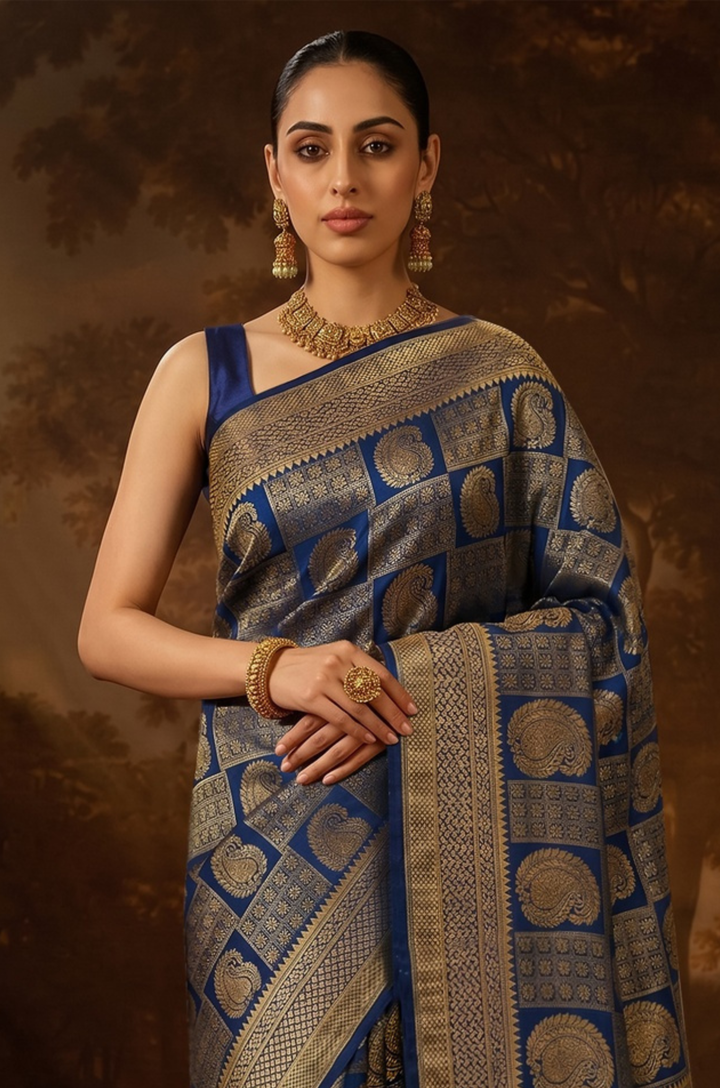 Deep Blue Kanjivaram Woven Silk Saree | Vastra Collection