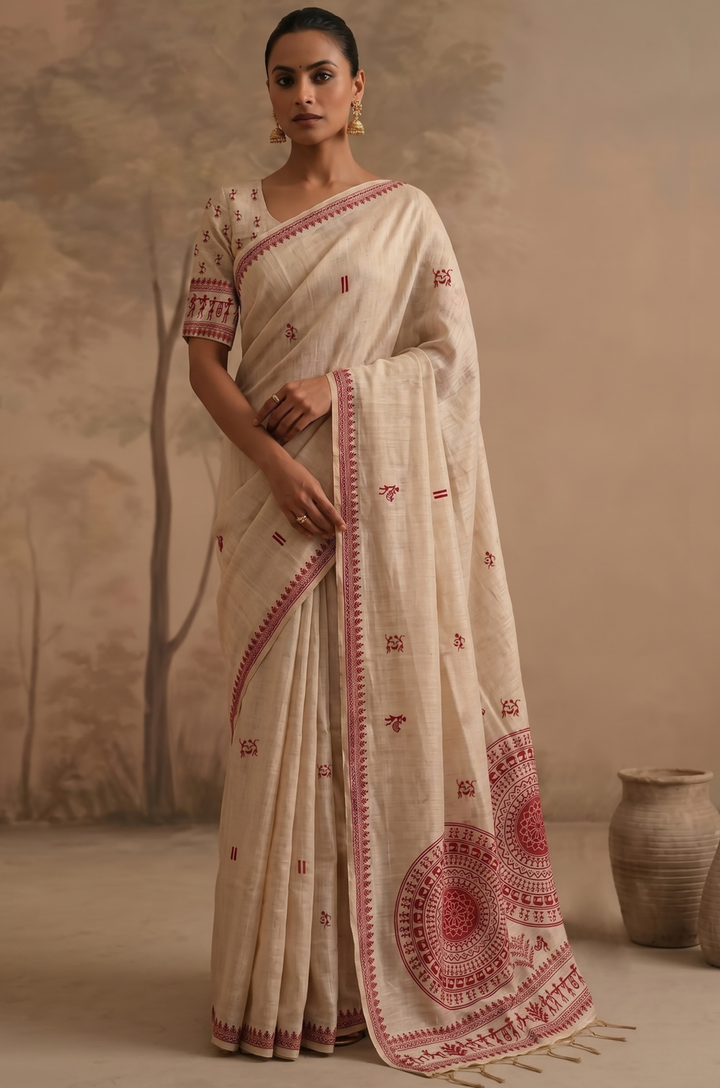 Red Woven Jamdhani Cotton Saree | Sutra Collection