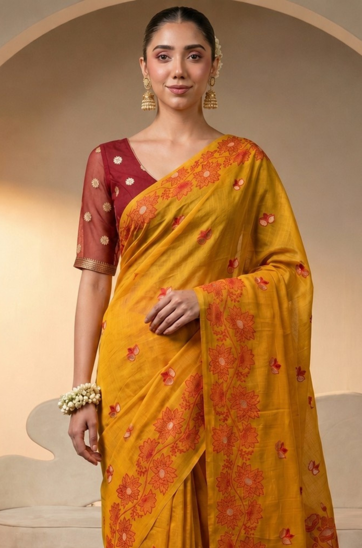 Bright Yellow Woven Jamdhani Cotton Saree | Madhuban Collection