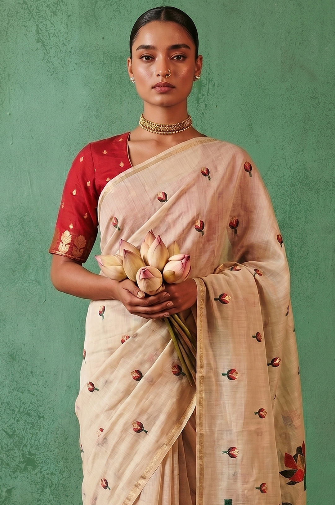 Red Woven Jamdhani Cotton Saree | Saadgi Collection