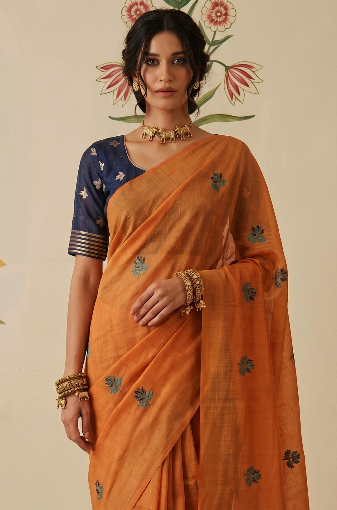Orange Woven Jamdhani Cotton Saree | Braj Collection