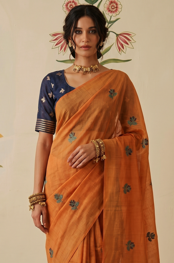 Orange Woven Jamdhani Cotton Saree | Braj Collection