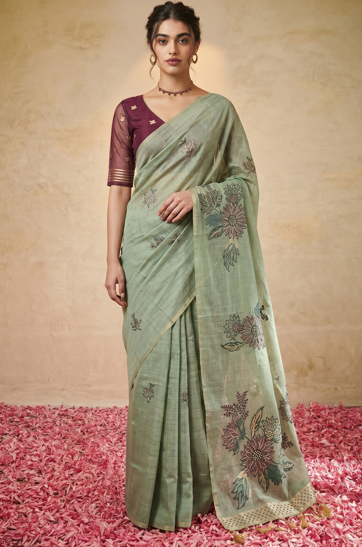 Mint Green Woven Jamdhani Cotton Saree | Gulnaar Collection