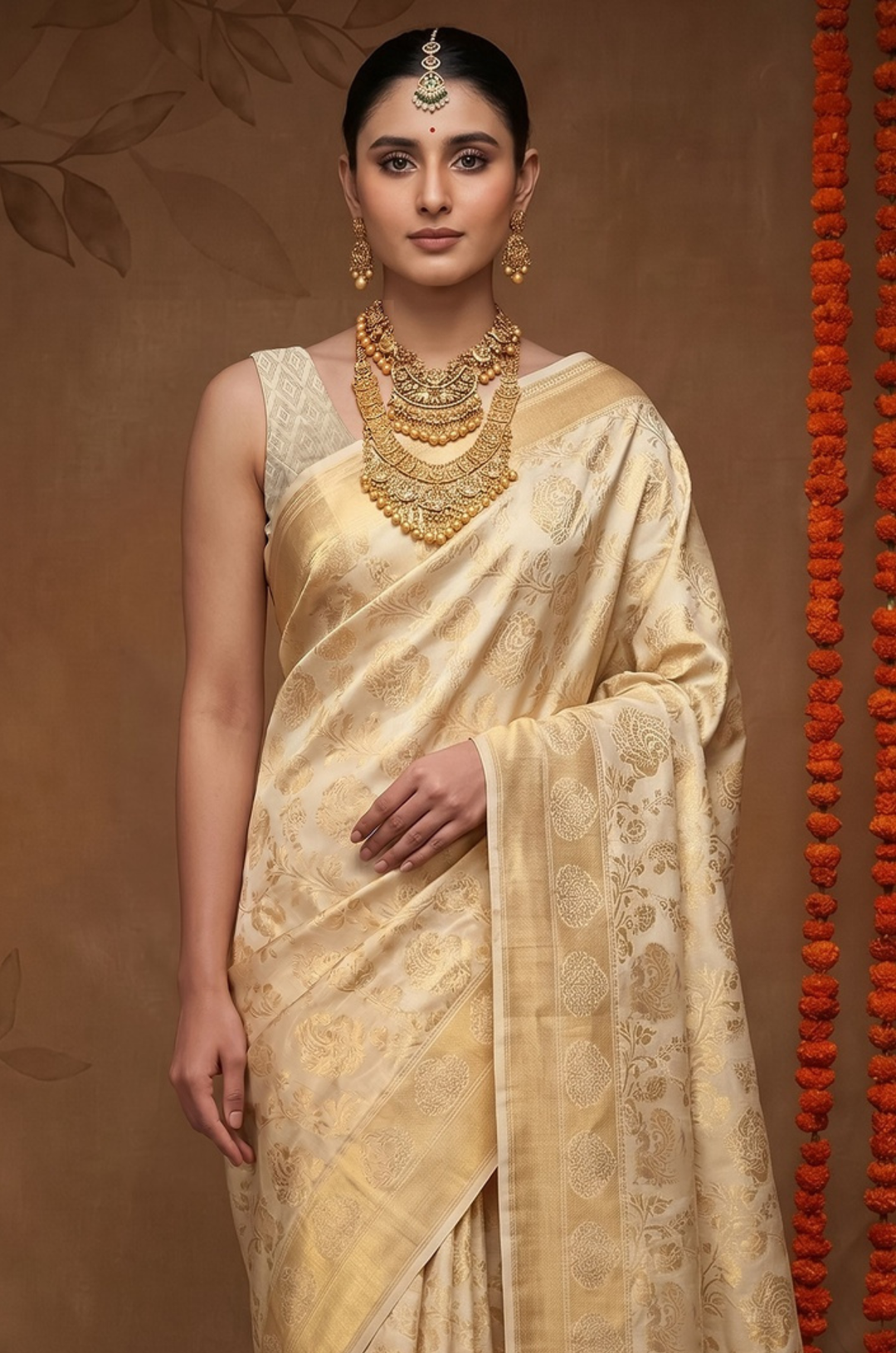 Cream Kanjivaram Woven Silk Saree | Shagun Collection