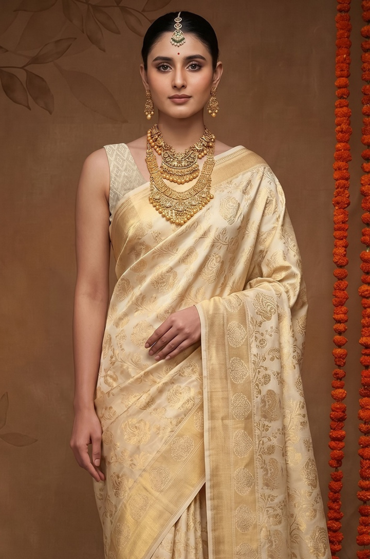 Cream Kanjivaram Woven Silk Saree | Shagun Collection
