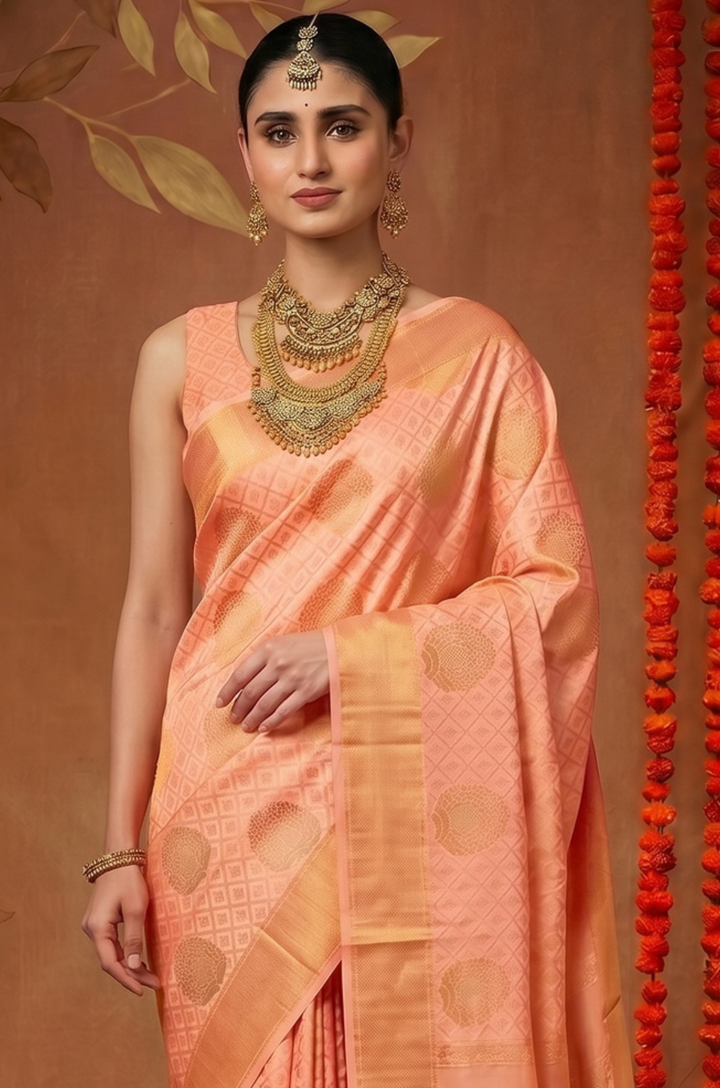 Peach Handloom Woven Silk Saree | Shagun Collection
