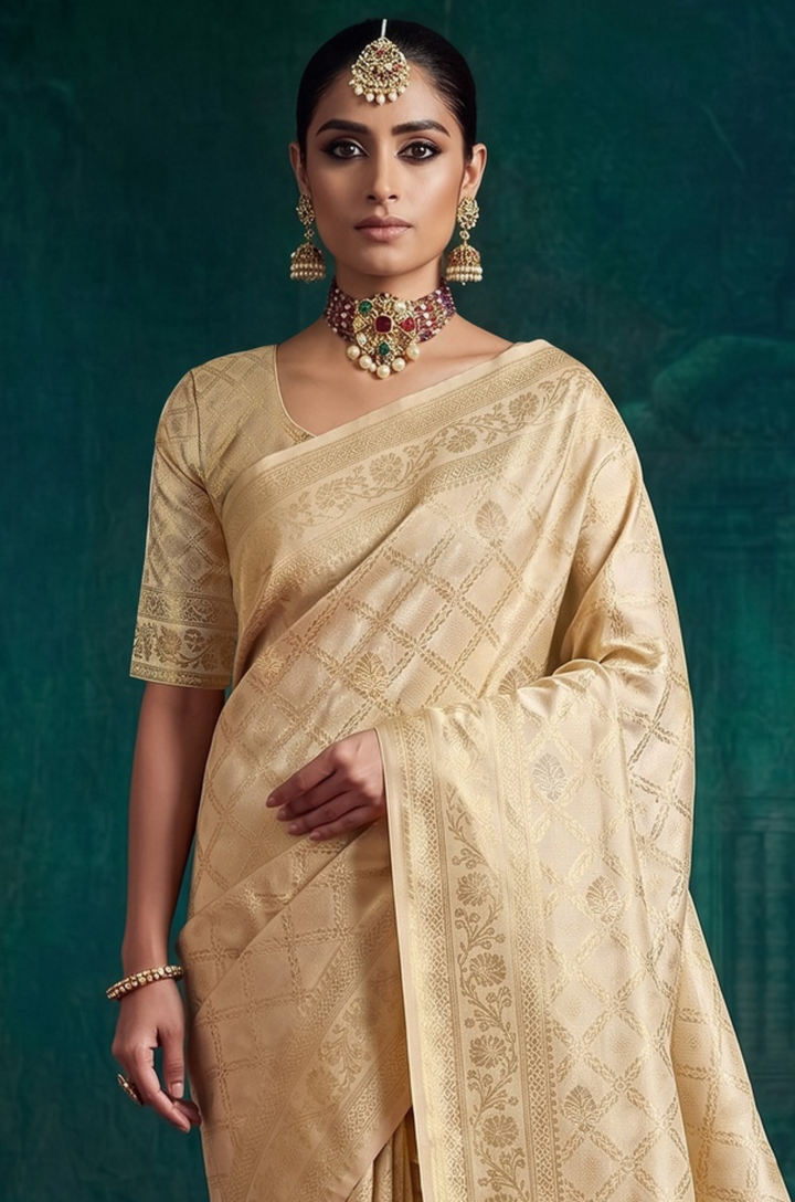 Cream Kanjivaram Woven Silk Saree | Virasat Collection