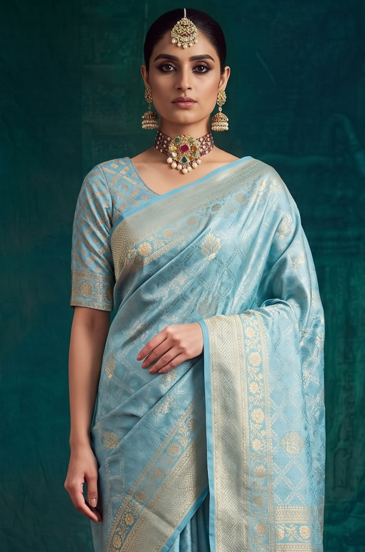 Turquoise Kanjivaram Woven Silk Saree | Virasat Collection