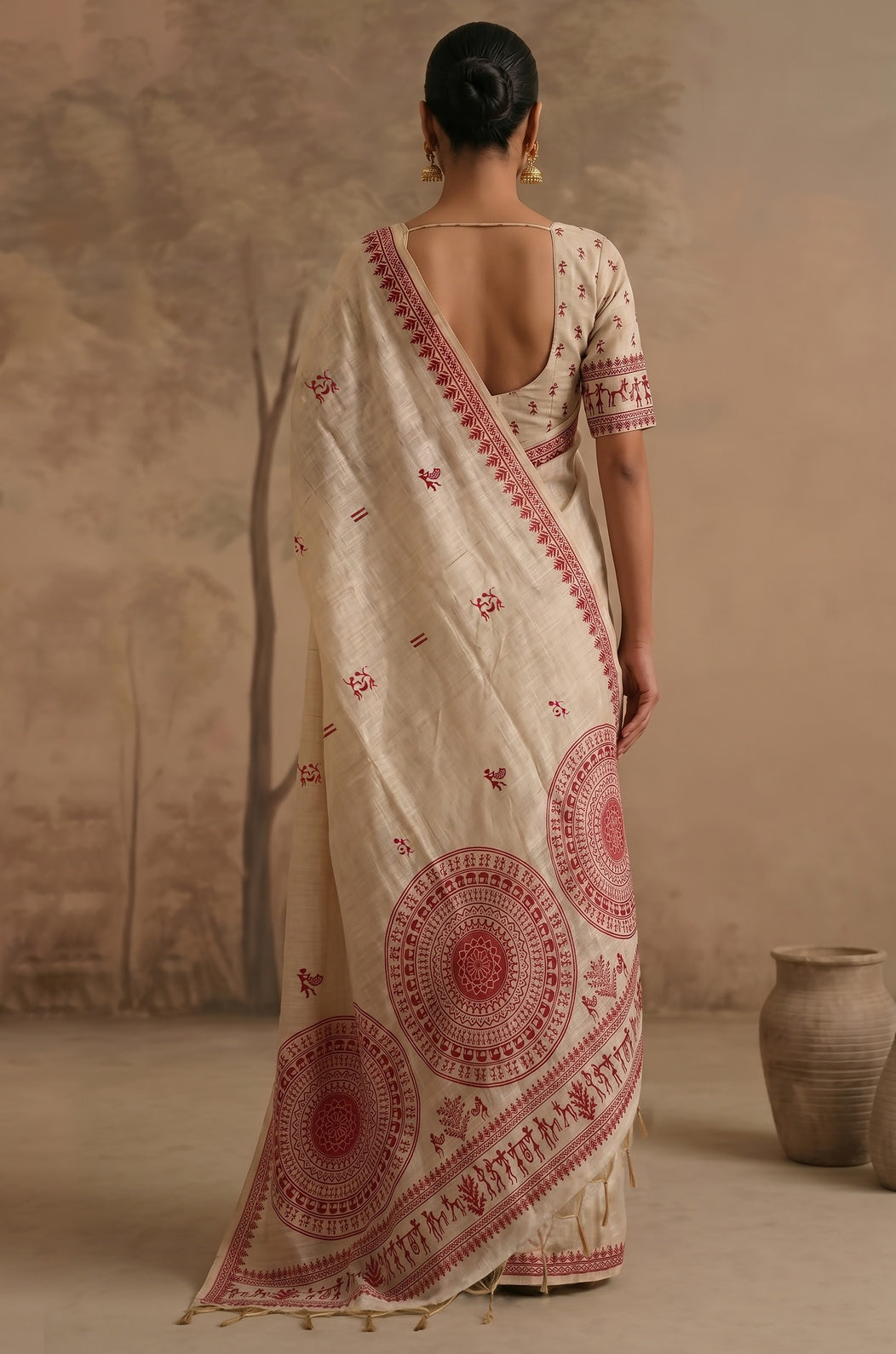 Red Woven Jamdhani Cotton Saree | Sutra Collection
