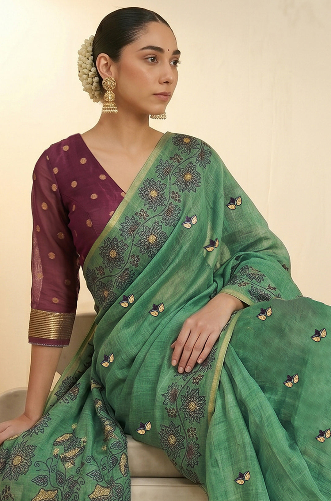 Green Woven Jamdhani Cotton Saree | Madhuban Collection