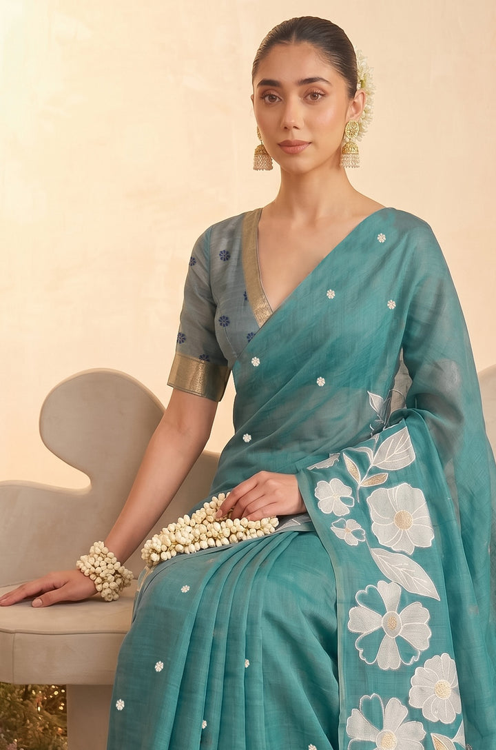 Aqua Blue Woven Jamdhani Cotton Saree | Madhuban Collection