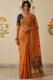 Orange Woven Jamdhani Cotton Saree | Braj Collection