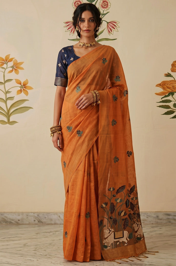Orange Woven Jamdhani Cotton Saree | Braj Collection