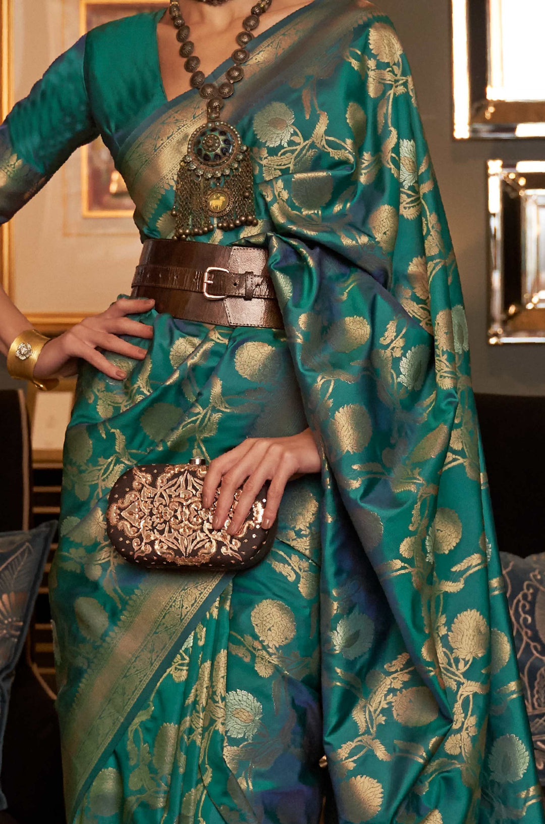 Bottle Green Woven Banarasi Silk Saree