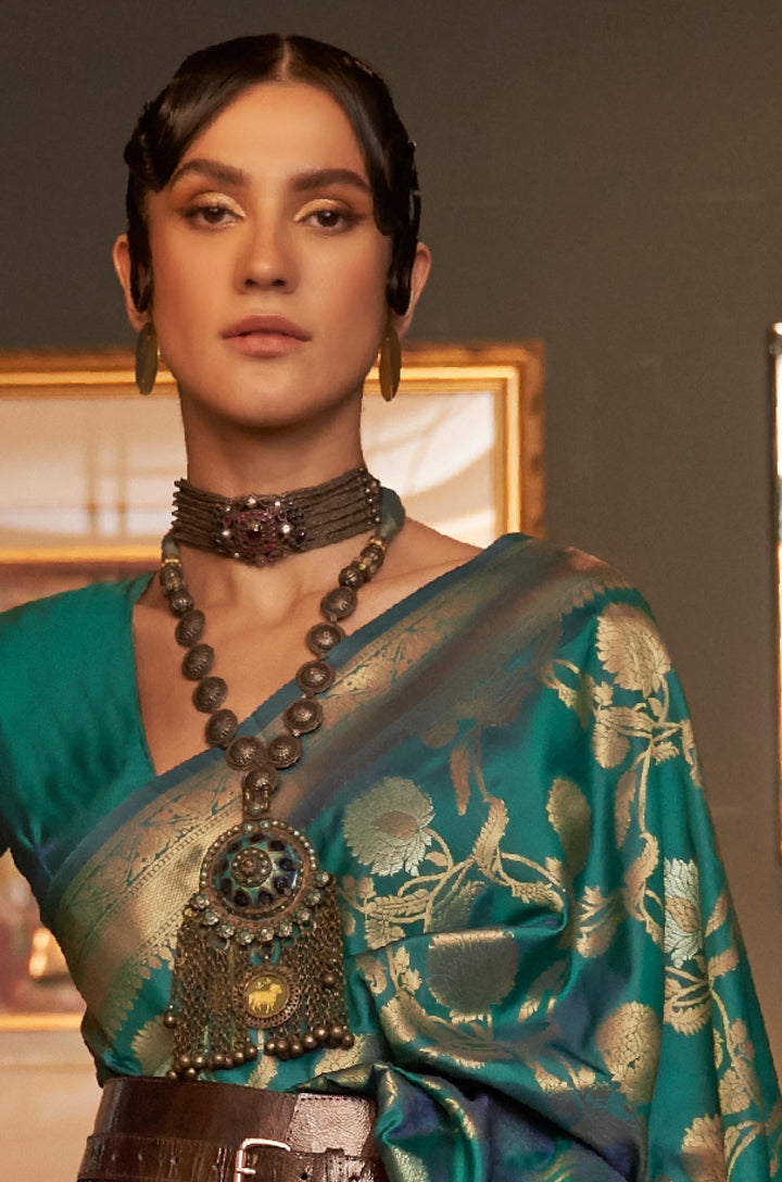 Bottle Green Woven Banarasi Silk Saree