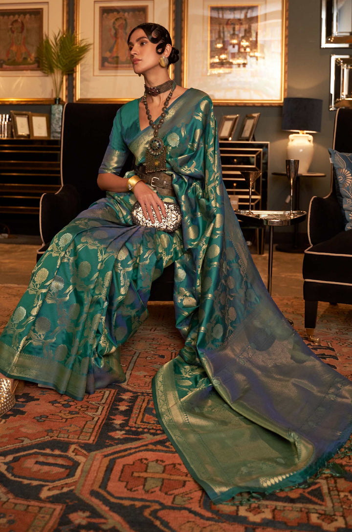 Bottle Green Woven Banarasi Silk Saree