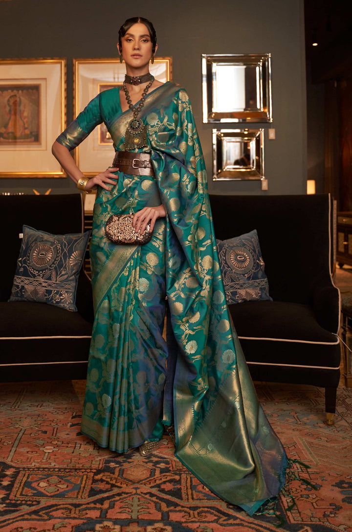 Bottle Green Woven Banarasi Silk Saree