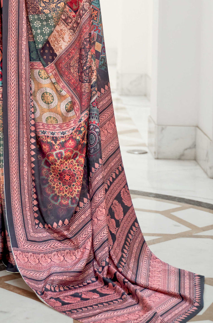 Grey Multicolour Satin Crepe Saree