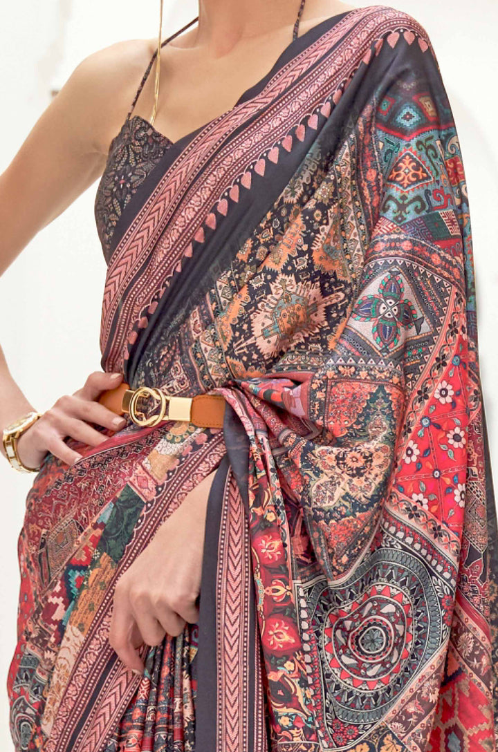 Grey Multicolour Satin Crepe Saree