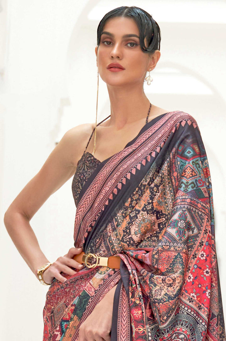 Grey Multicolour Satin Crepe Saree